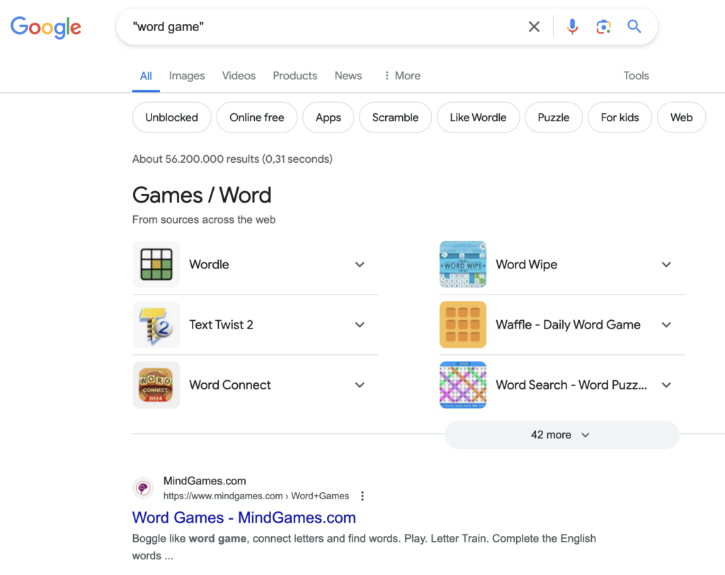 Žodžių žaidimas "Google" paieškos pavyzdys