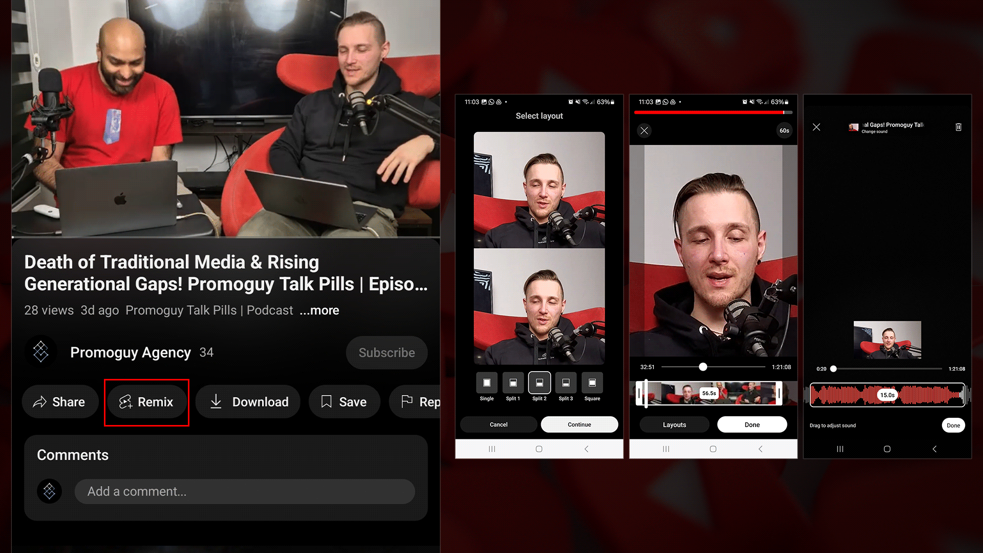  Коллаж, демонстрирующий процесс создания ремикса YouTube из эпизода подкаста, с миниатюрой эпизода и несколькими этапами редактирования на мобильном интерфейсе.