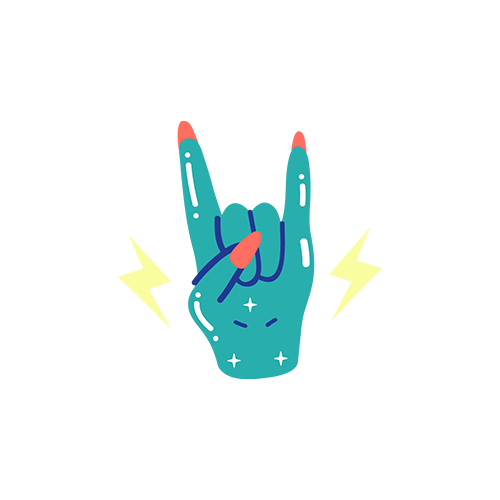 A green hand making the rock-and-roll gesture with lightning bolts
