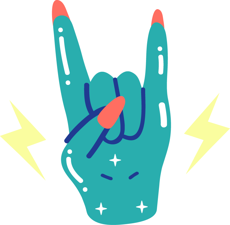 A green hand making the rock-and-roll gesture with lightning bolts