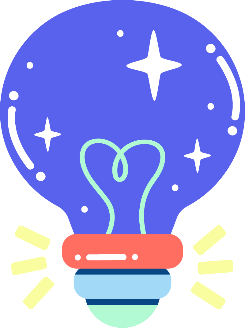 A glowing blue light bulb with stars around it