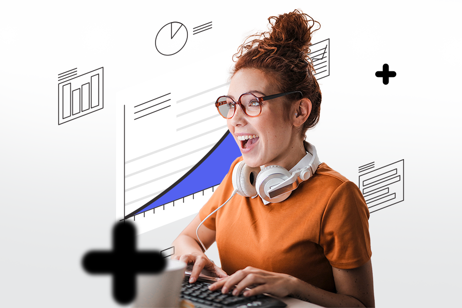 Excited woman with headphones typing on a keyboard, with a rising analytics graph in the background