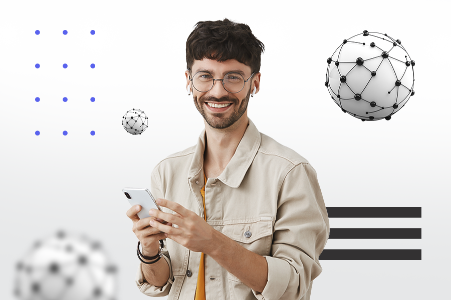 Smiling man using a smartphone, with digital network spheres symbolizing global connectivity and data optimization