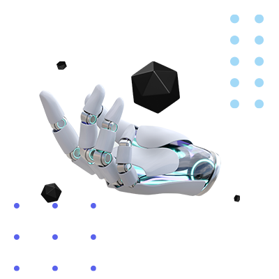 Futuristic robotic hand with geometric black shapes, symbolizing AI-driven automation and digital innovation