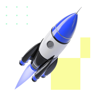 A futuristic blue and white rocket launching, symbolizing business growth and digital marketing success