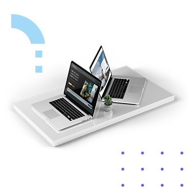 Twee laptops met geoptimaliseerde websites op een gestroomlijnd wit platform, als symbool voor professionele webontwikkeling en digitale aanwezigheid