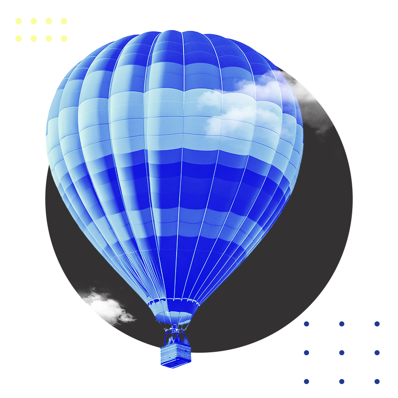A digitally stylized blue hot air balloon floating against an abstract black and white background