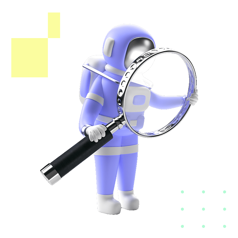 3D astronaut holding a magnifying glass, symbolizing in-depth SEO and ASO optimization