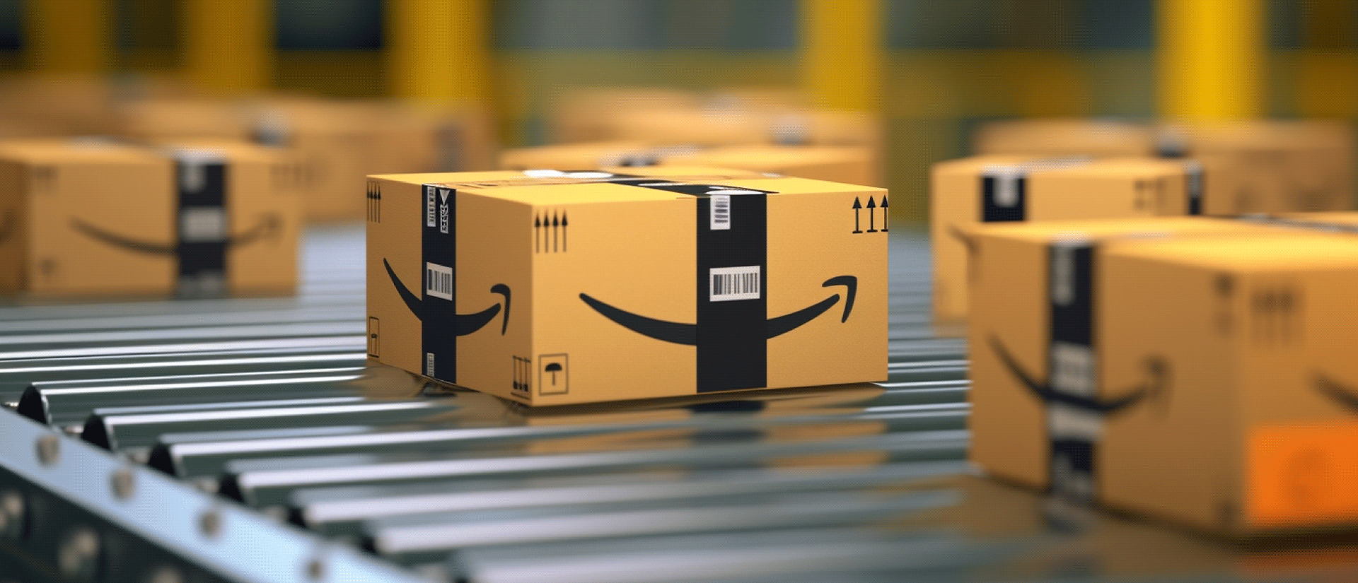 "Amazon" siuntų dėžės, judančios konvejeriu išpildymo centre